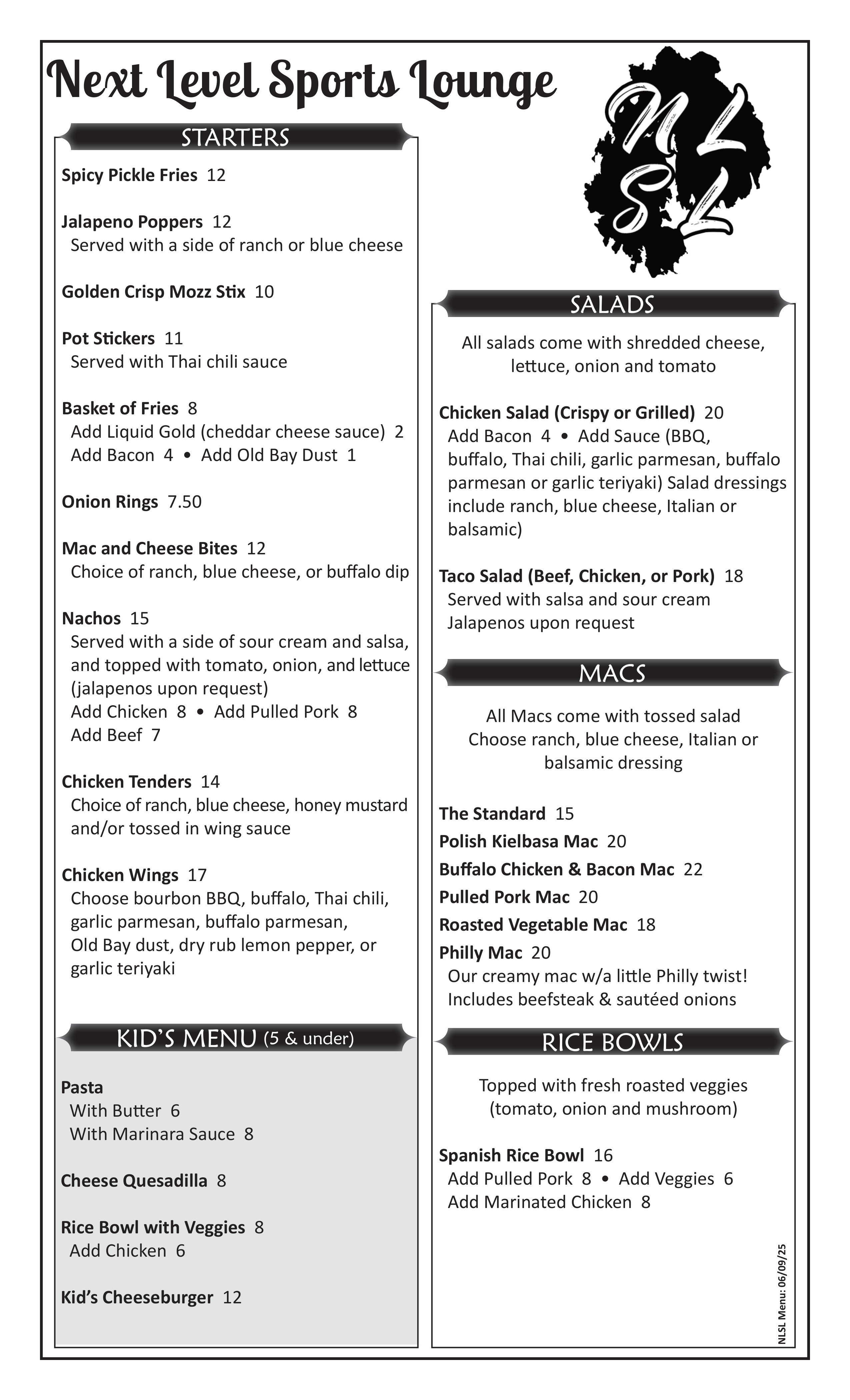 Menu | Next Level Sports Lounge